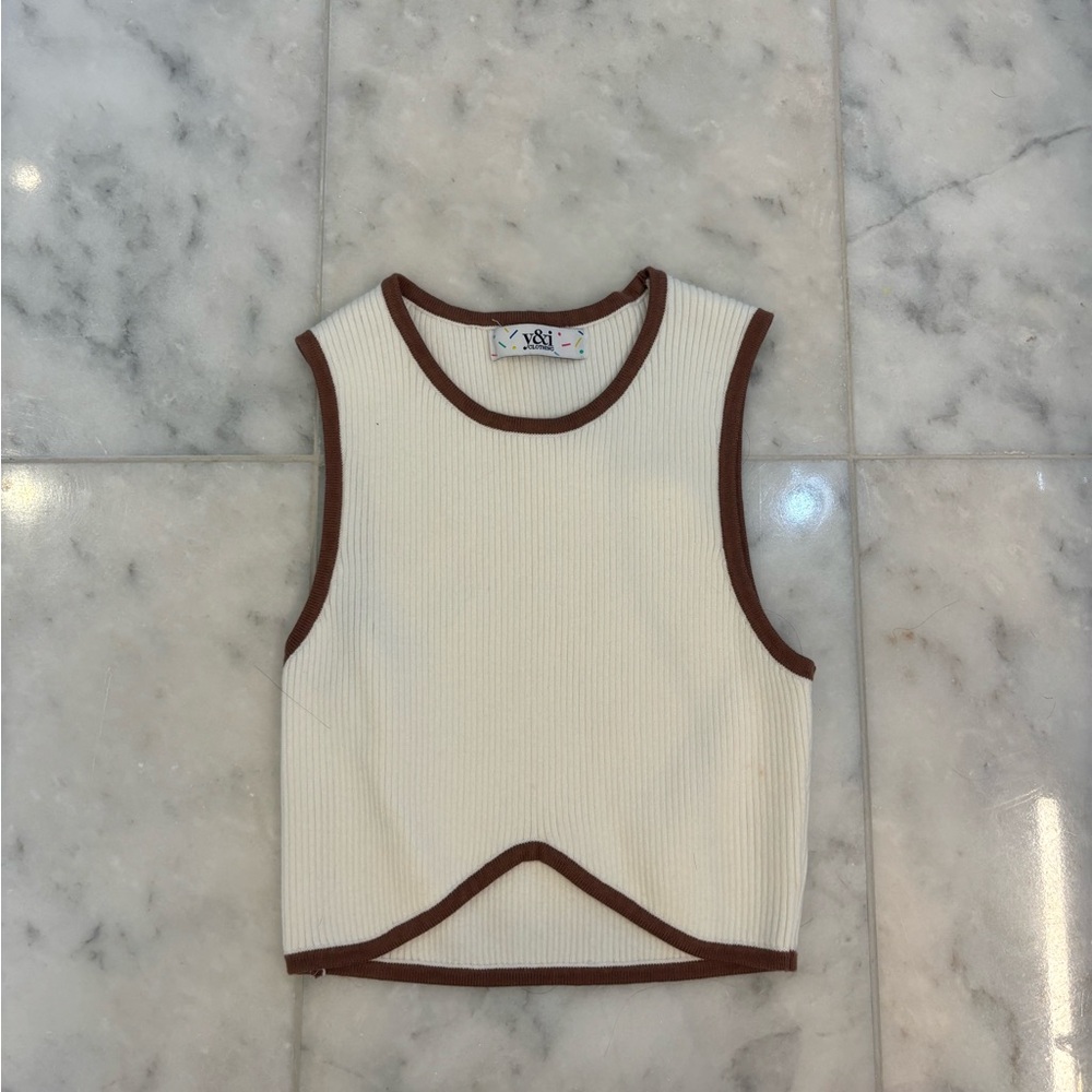 White Tank Top with Brown Trim